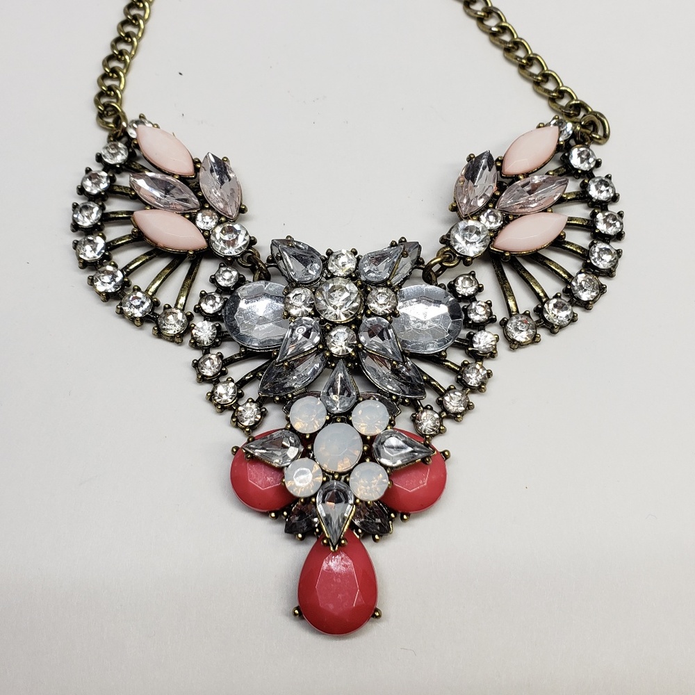 HUGE Rhinestone Necklace Pink Clear Vintage